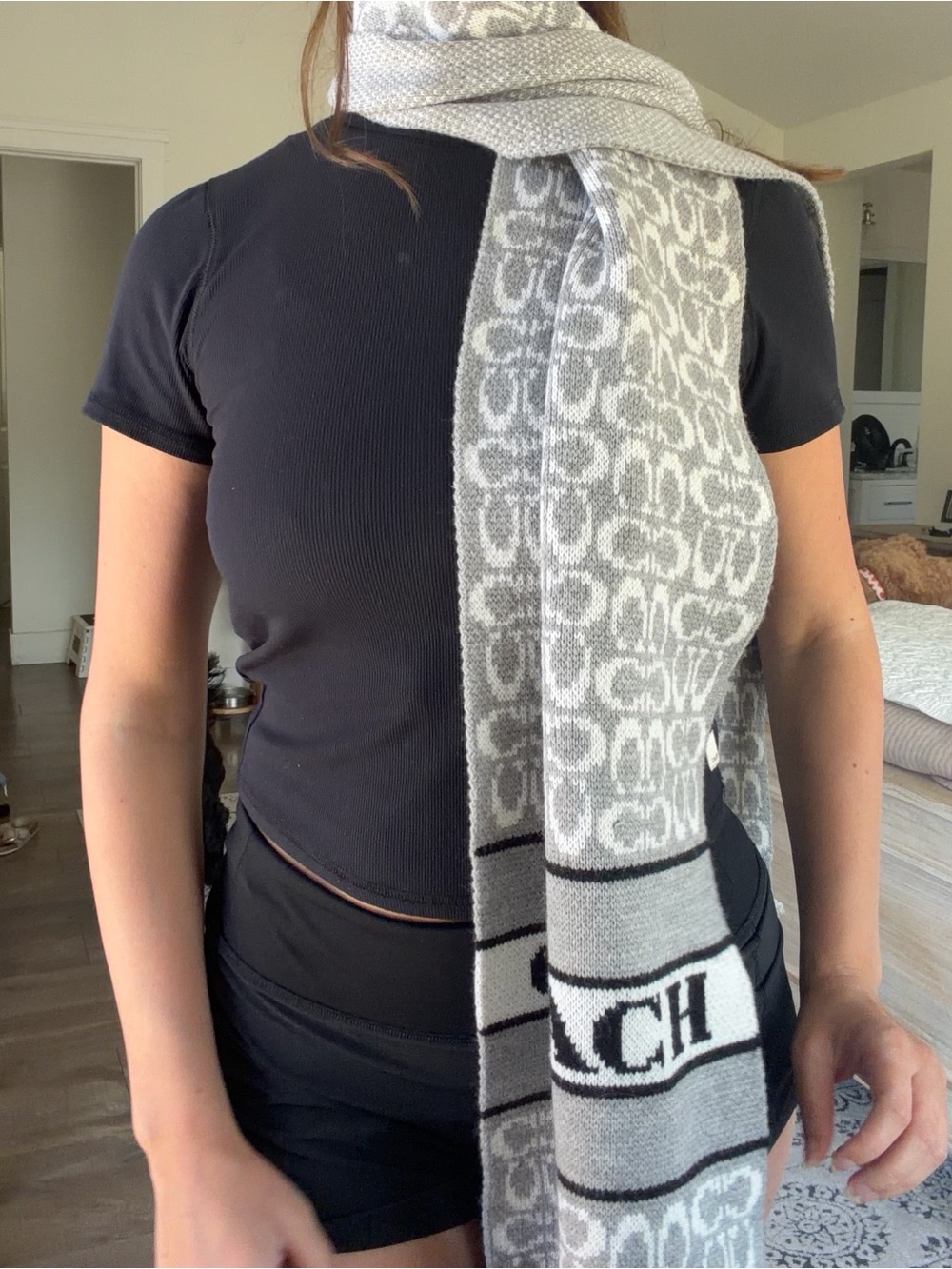 Coach Gray Logo Knit Scarf with Signature Pattern - Picture 2 of 6